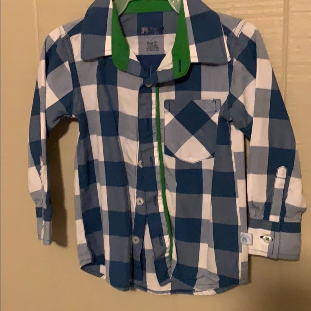 Blue and white plaid button up shirt.